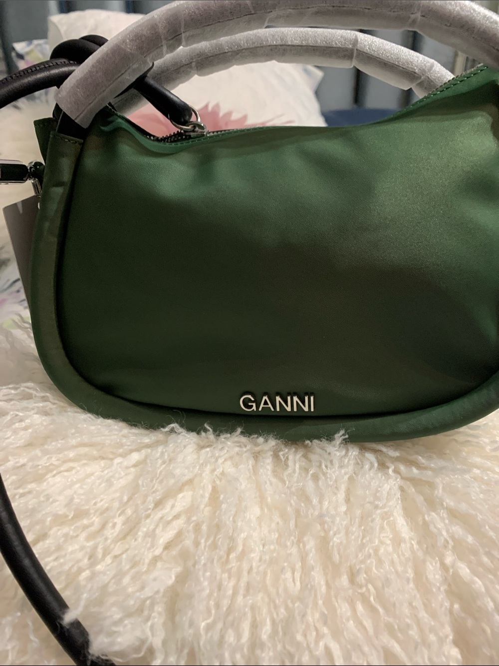 Ganni Green Shoulder Bag with Black Strap and Cream Handle